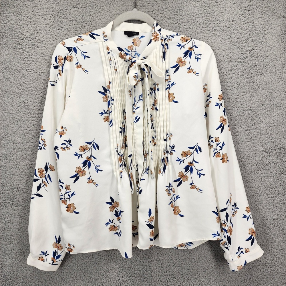 Ann Taylor Womens XS Floral Tie Neck Pintuck Blouse White Blue Long Sleeve Top